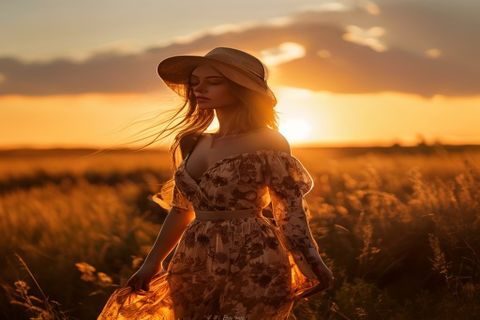 今日头条美女图片，模特在金色夕阳下的麦田中漫步，逆光勾勒出唯美剪影，氛围感极强