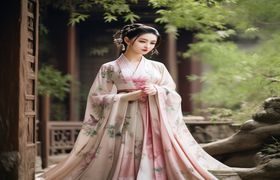 国风汉服美女图片，模特着淡粉汉服在古典庭院中持扇而立，背景假山绿植古韵盎然