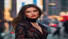 时尚大片美女图片分类封面，模特着高定服装在城市背景前摆拍，色彩鲜明视觉冲击力强
