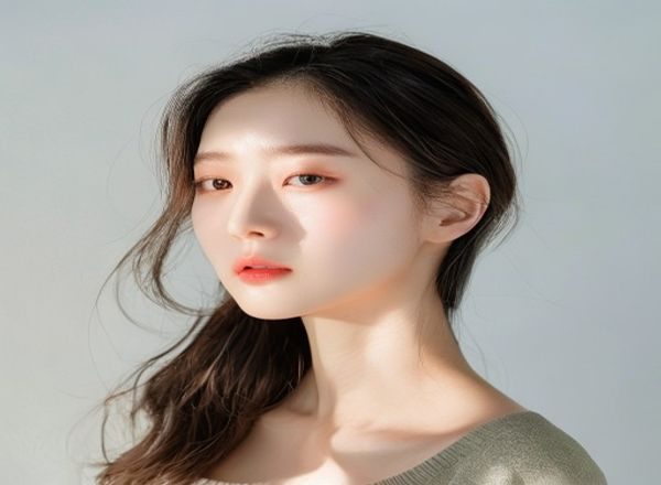 棚拍写真美女图片，柔和侧光打在模特脸侧，米白背景衬托清透肤色，构图简洁大气